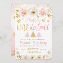 Winter Onederland Blush & Gold Floral Birthday Invitation