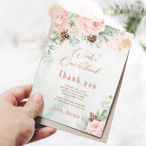 Winter onederland blush pink birthday thank you card