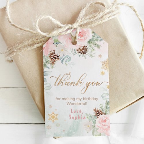 Winter onederland blush pink birthday thank you gift tags