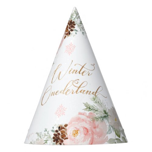Winter onederland blush pink girl birthday party hat