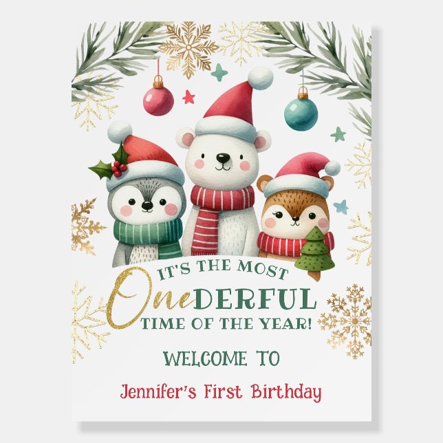 Winter Onederland Boho Snow Animals 1st Birthday Foam Board (Front)