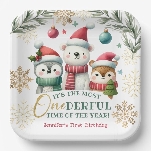 Winter Onederland Boho Snow Animals 1st Birthday Paper Plates (Front)