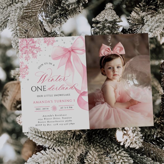 Winter Onederland Bow Snowflake Birthday Photo Invitation (Creator Uploaded)