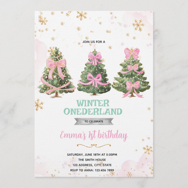 Winter Onederland bow tree invitation (Front)