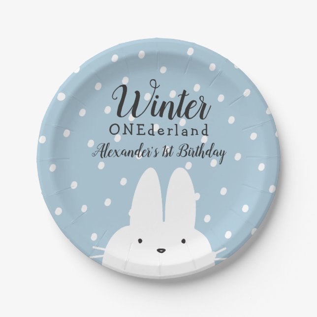 Winter ONEderland Boy 1st Birthday Blue Paper Plates (Front)