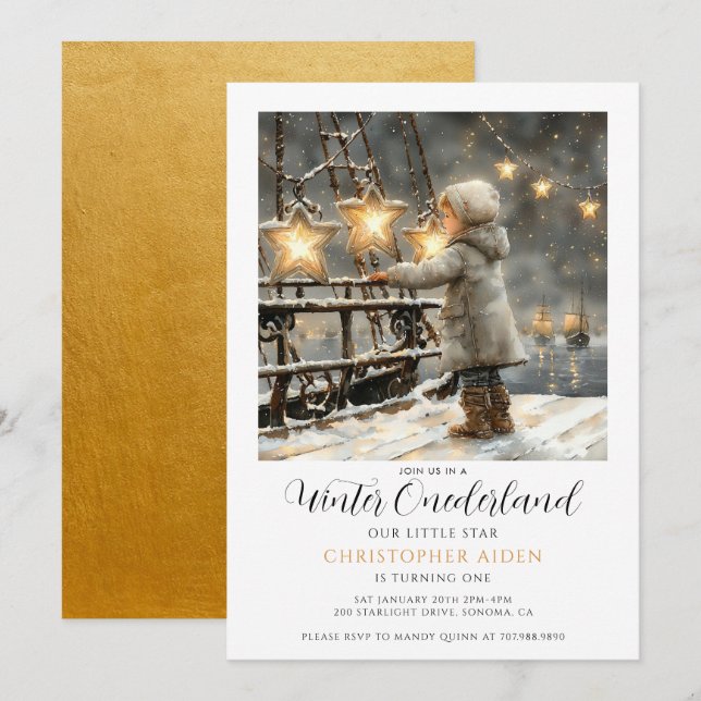 Winter ONEderland Boy 1st Birthday  Invitation (Front/Back)