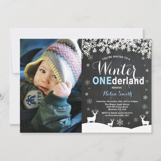 Winter Onederland Boy 1st Birthday Photo Invitation (Front)