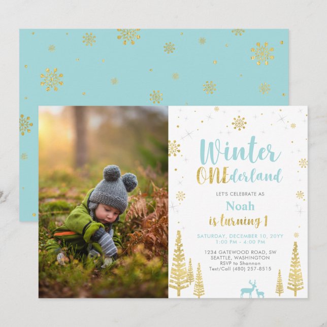 Winter Onederland, Boy 1st Photo Birthday Invitation (Front/Back)