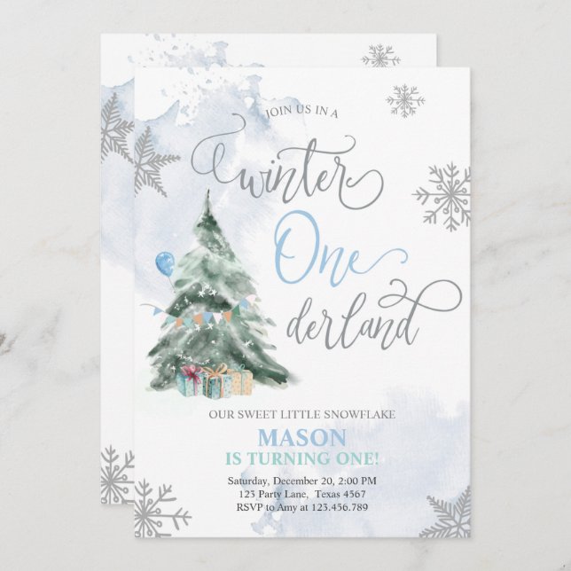 Winter Onederland Boy Blue Winter 1st Birthday Invitation (Front/Back)
