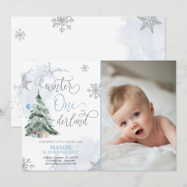 Winter Onederland Boy Blue Winter 1st Birthday Invitation (Front/Back)