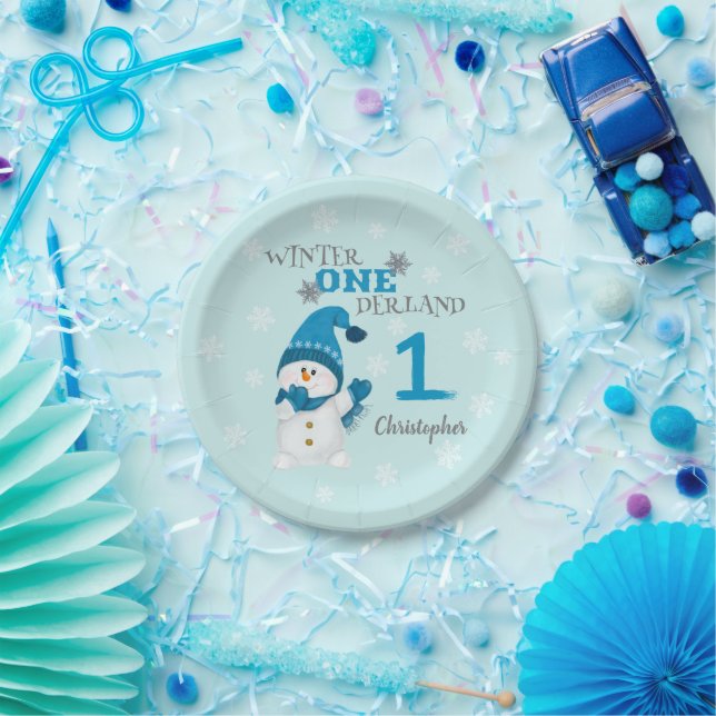 Winter Onederland Boy First Birthday Cute Snowman Paper Plates (Party)