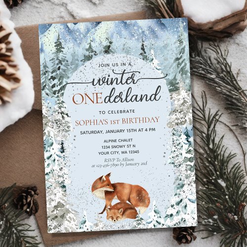 Winter ONEderland Boy Girl 1st First Birthday Fox Invitation