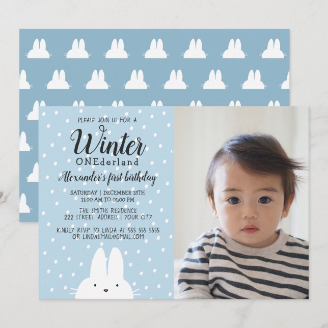 Winter ONEderland Boy Photo 1st Birthday Blue Invitation (Front/Back)
