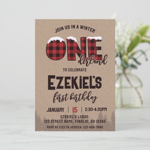 Winter ONEderland Buffalo Plaid Birthday Party Invitation