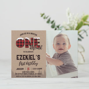 Winter ONEderland Buffalo Plaid Birthday Photo Invitation
