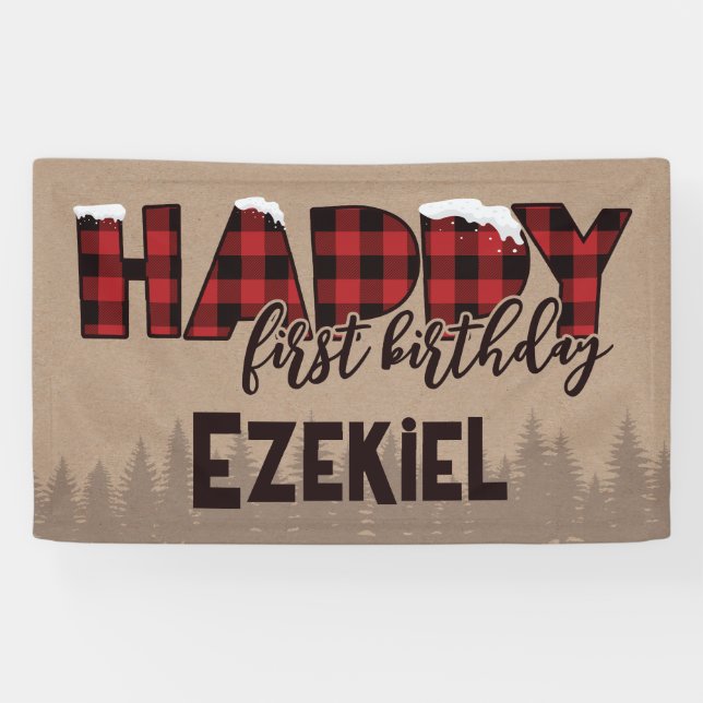 Winter ONEderland Buffalo Plaid Happy Birthday Banner (Horizontal)