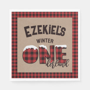 Winter ONEderland Buffalo Plaid Happy Birthday Napkins