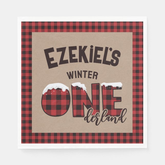 Winter ONEderland Buffalo Plaid Happy Birthday Napkins (Front)