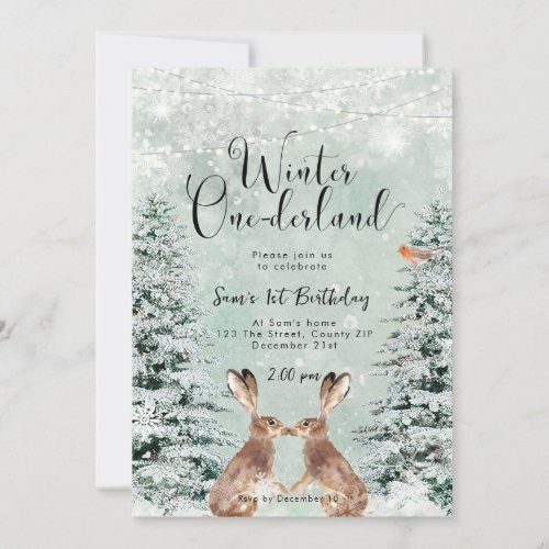 winter onederland bunny birthday party invitation