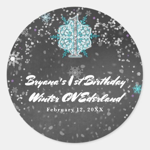 Winter ONEderland Chalk Teal  Purple 1st Birthday Classic Round Sticker