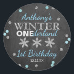 Winter ONEderland Chalkboard 1st Birthday Classic Round Sticker<br><div class="desc">Celebrate in style with these trendy 1st birthday party thank you stickers. The design is easy to personalize with your own wording and your family and friends will be thrilled when they see these fabulous stickers.</div>