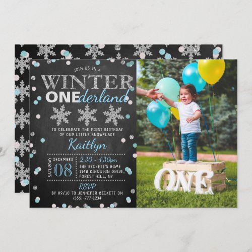 Winter ONEderland Chalkboard 1st Birthday Photo Invitation