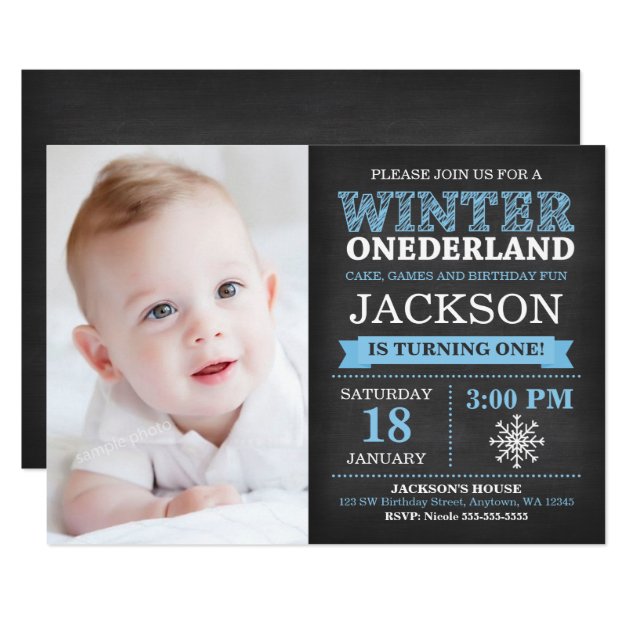 Winter ONEderland Chalkboard Boy Blue 1st Birthday Invitation