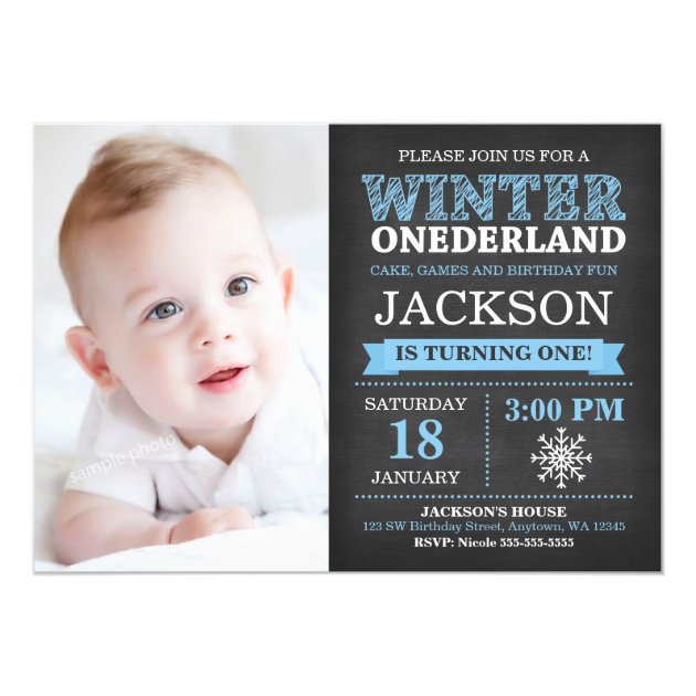 Winter ONEderland Chalkboard Boy Blue 1st Birthday Invitation