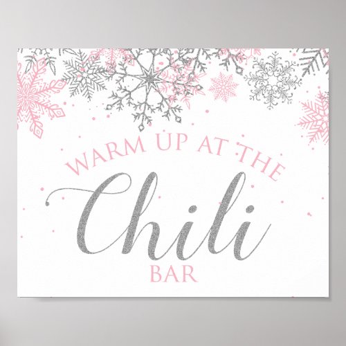 Winter Onederland Chili Bar Pink Silver Snowflakes Poster