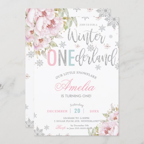 Winter Onederland Christmas Baby Girl 1st Birthday Invitation