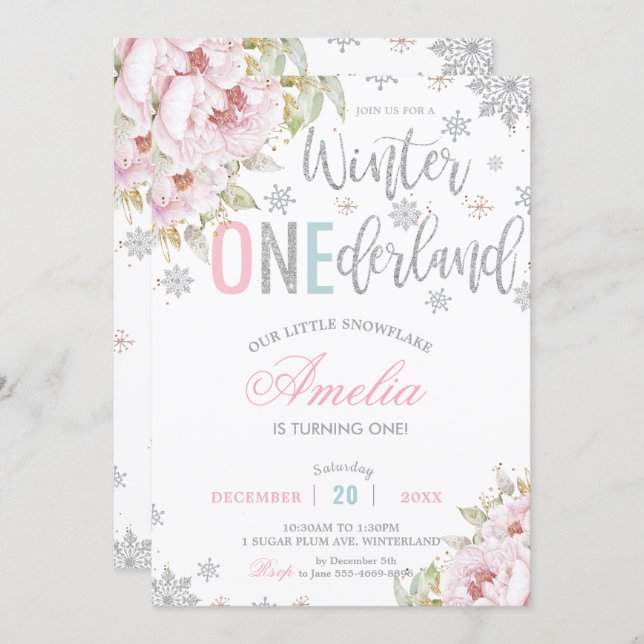 Winter Onederland Christmas Baby Girl 1st Birthday Invitation (Front/Back)