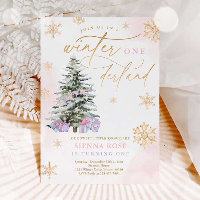 Winter Onederland Christmas Pink & Gold Birthday Invitation (Creator Uploaded)