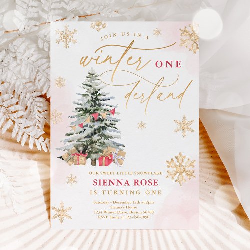 Winter Onederland Christmas Red  Gold Birthday Invitation