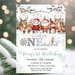 Winter Onederland Christmas Santa Elf 1st Birthday Invitation<br><div class="desc">Celebrate your little one's first birthday with this charming Winter Wonderland invitation! Featuring adorable Santa Claus, Mrs. Claus, playful elves, reindeer and a cheerful snowman, this festive design captures the magic of a white Christmas. Snowflakes dance across a silver and dusty blue color palette, creating a cozy, frosty theme perfect...</div>