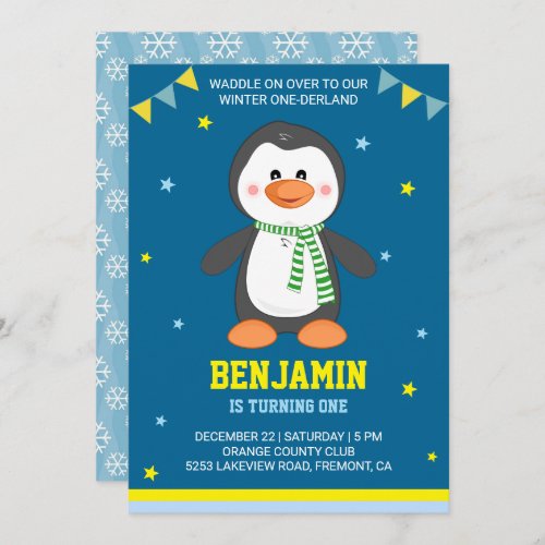 Winter Onederland Cute Penguin 1st Birthday Invite