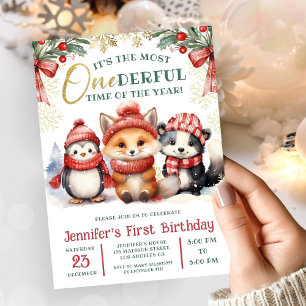 Winter Onederland Cute Snow Animals 1st Birthday Invitation