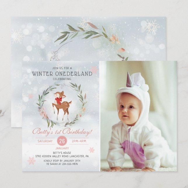 Winter Onederland Deer Baby First Birthday Photo Invitation (Front/Back)