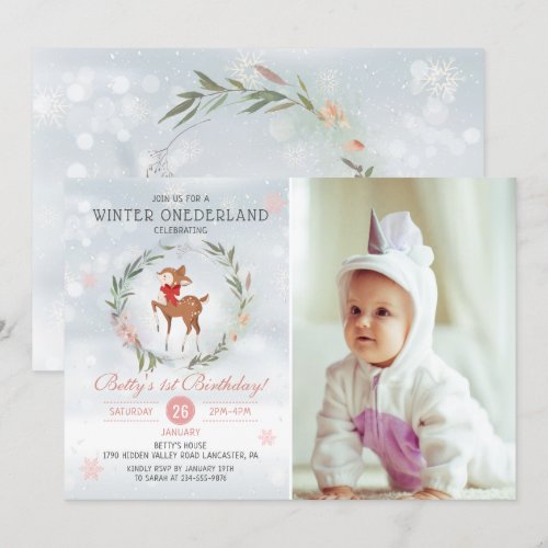 Winter Onederland Deer Baby First Birthday Photo Invitation
