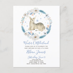 Winter ONEderland Deer Floral Baby's 1st Birthday Invitation Postcard