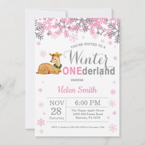 Winter Onederland Deer Girl 1st Birthday Invitation