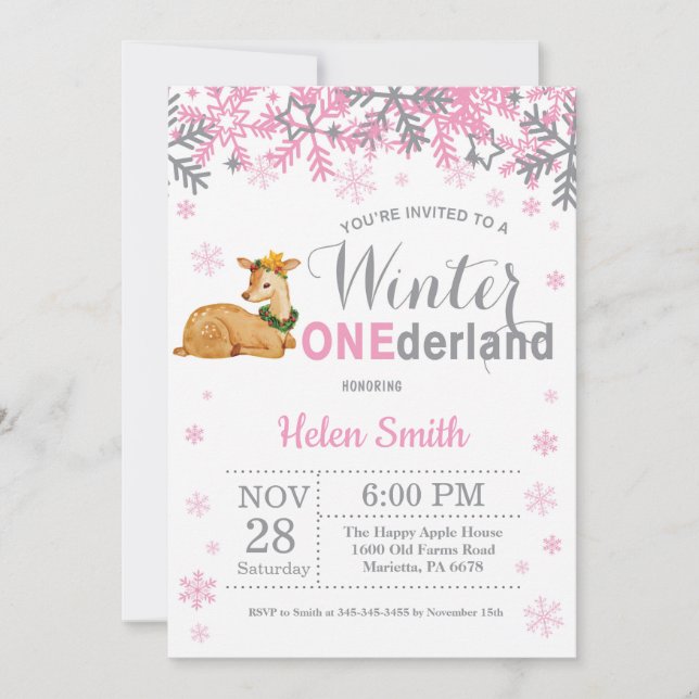 Winter Onederland Deer Girl 1st Birthday Invitation (Front)