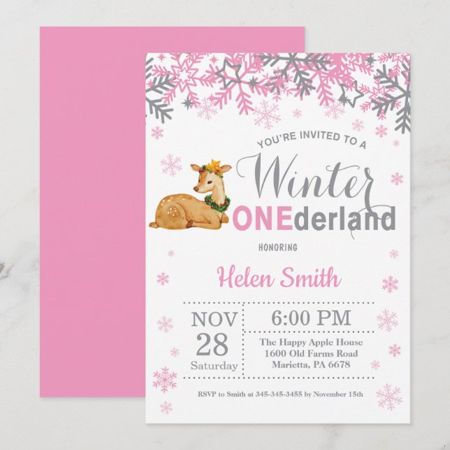 Winter Onederland Deer Girl 1st Birthday Invitation (Front/Back)