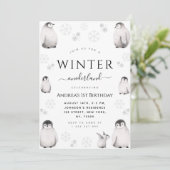 Winter Onederland Drawn Penguin 1st Birthday Party Save The Date (Standing Front)