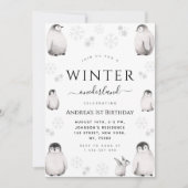 Winter Onederland Drawn Penguin 1st Birthday Party Save The Date (Front)