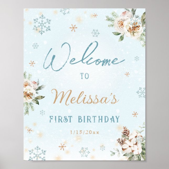 Winter Onederland First 1st Birthday Blue Welcome Poster (Front)
