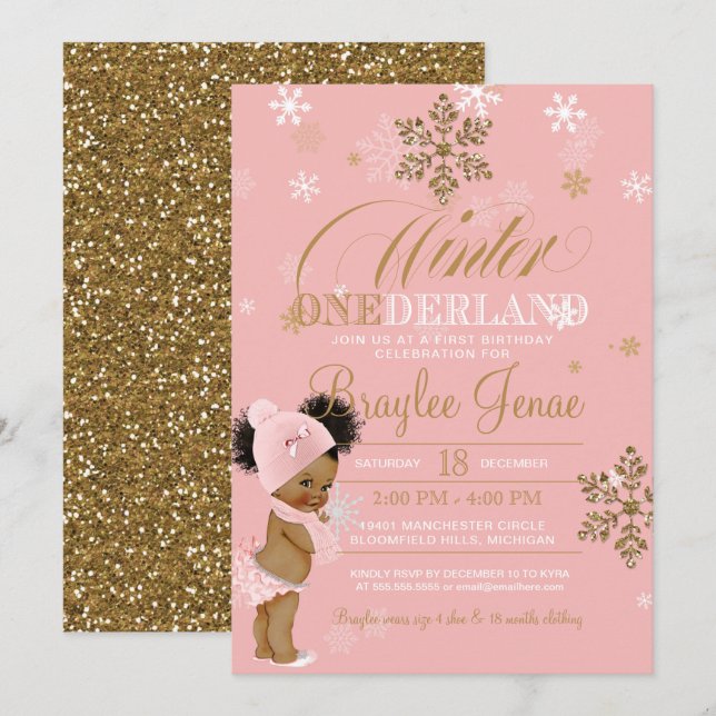 Winter Onederland First Birthday Afro-Puffs Baby Invitation (Front/Back)