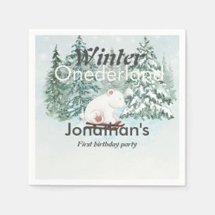 Winter Onederland First Birthday Bear on Sleigh Napkins