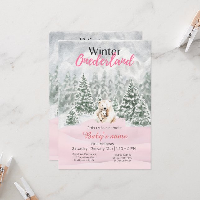 Winter Onederland First Birthday Bear Snowy Forest Invitation (Front/Back In Situ)