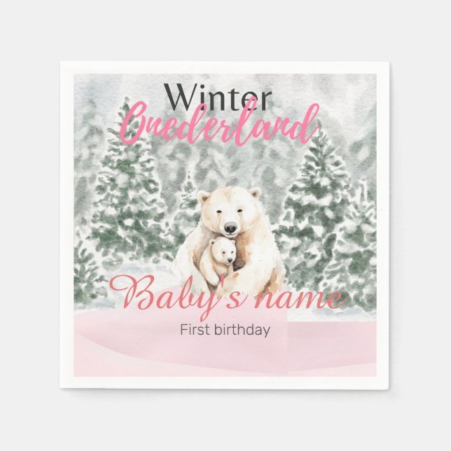 Winter Onederland First Birthday Bear Snowy Forest Napkins (Front)