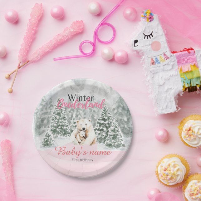 Winter Onederland First Birthday Bear Snowy Forest Paper Plates (Party)